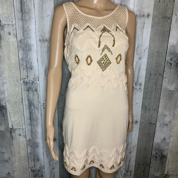 Free People Dresses & Skirts - Free People Cream Boho Sleeveless Dress Gold Beads